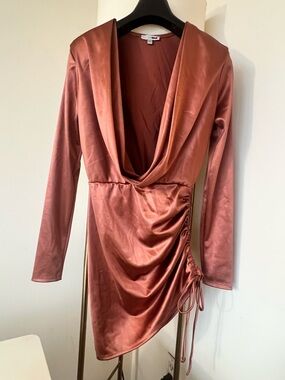 Copper Satin Mini Dress with Cowl plunge neck & Cinch Side. Some stretch.
